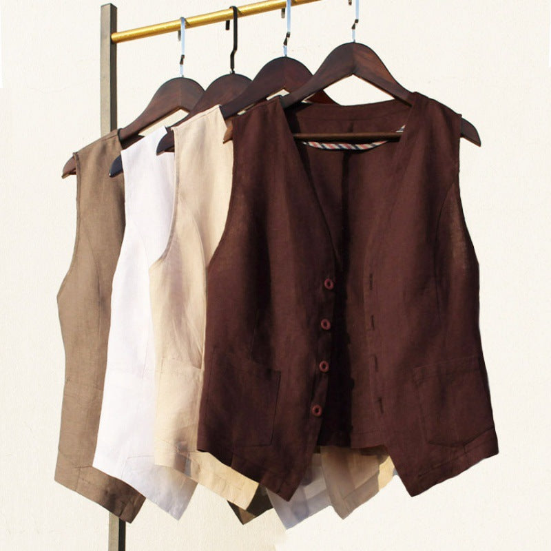 In the summer of 2025, the new literary and loose solid color cotton and linen V-neck vest, vest, women's jacket, vest top #6182