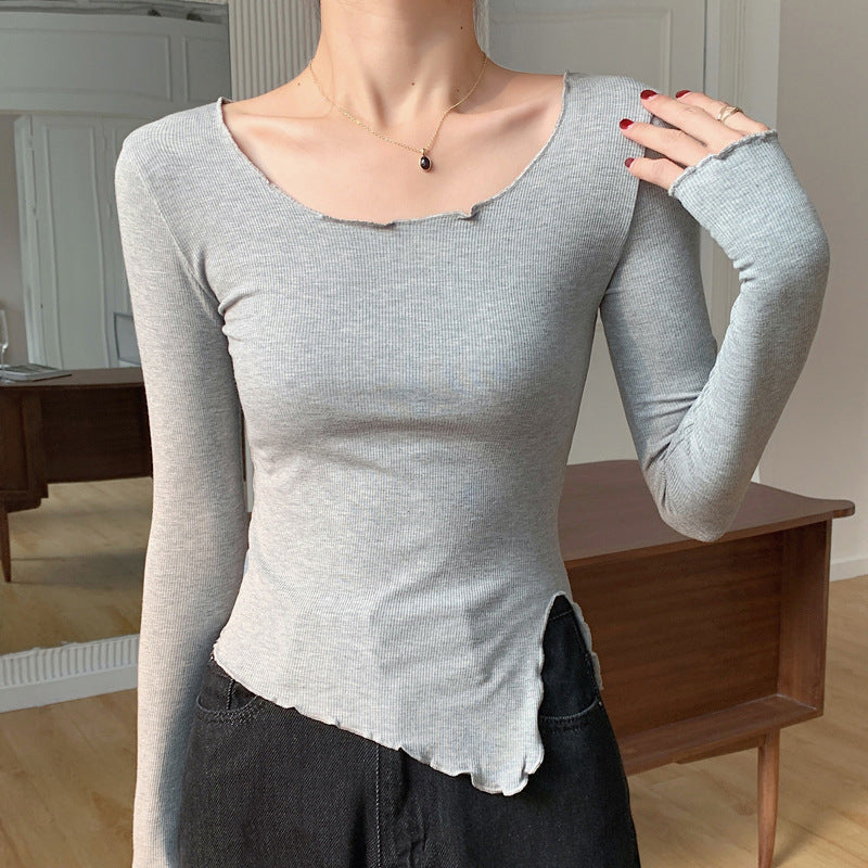 Selection of high elastic threaded cotton curled irregular slit T-shirt women's long-sleeved 2026 autumn new tight bottoming shirt