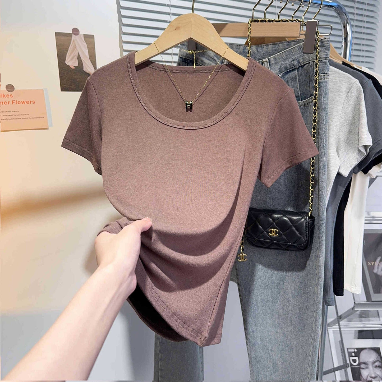 Gray blue u-neck short-sleeved t-shirt women's summer front shoulder Korean versatile tight round neck fashion bottoming shirt slim top