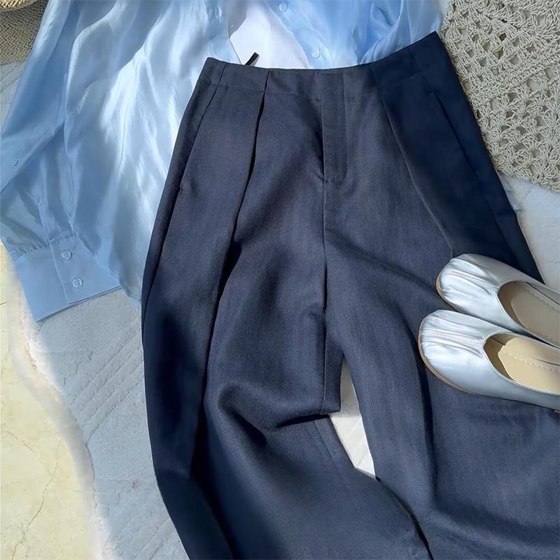 Fried chicken recommended! Old money style navy blue casual pants summer high waist pleated fashion non-stick legs linen suit pants