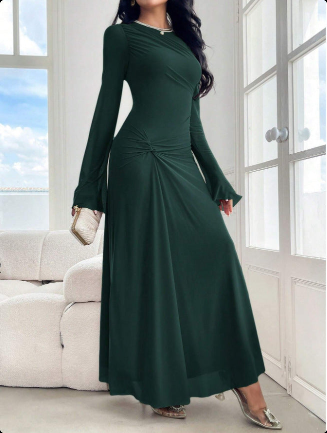 2025 cross-border European and American new horn sleeves slim temperament high elasticity wrinkle hip wrap fashion dress coat