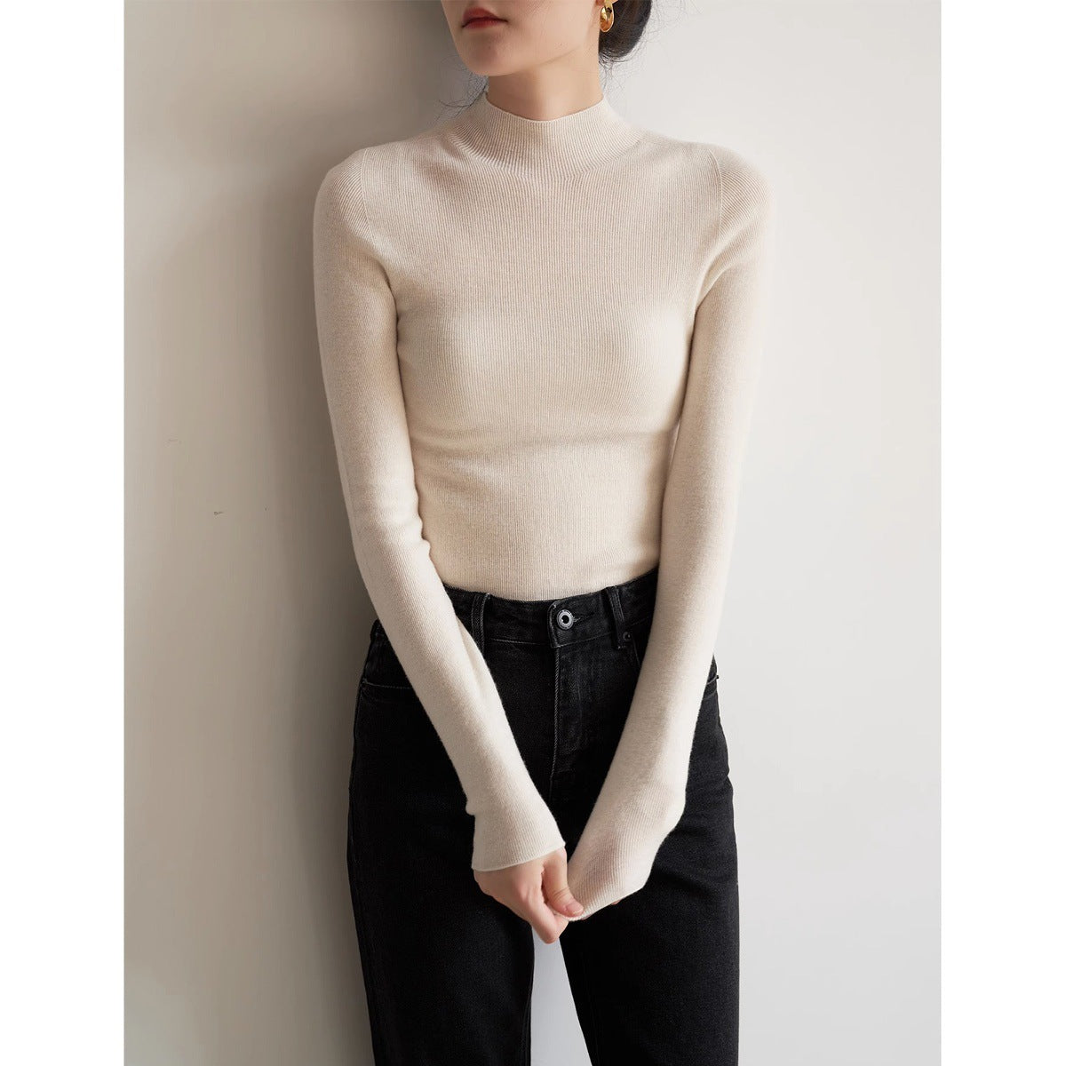 SHALLOW STREAMS autumn and winter seamless one-piece dark gray semi-turtleneck wool knitted sweater women's bottoming shirt top