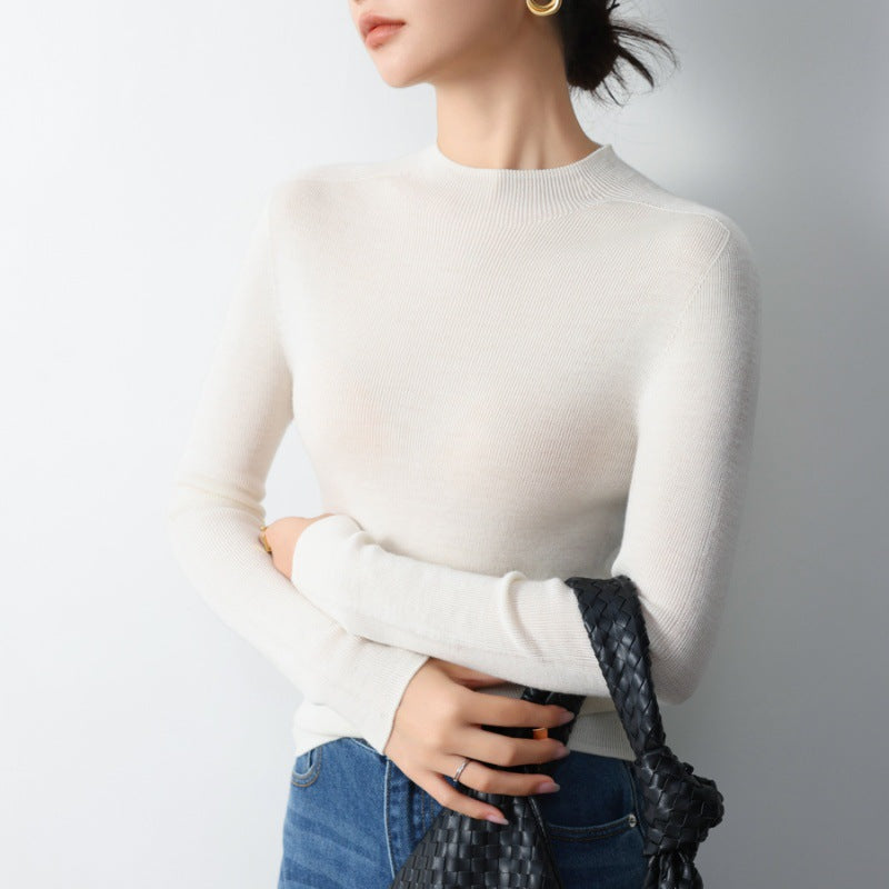 Machine washable! Grey Yangtze yarn worsted 100% wool bottoming shirt women's semi-turtleneck autumn and winter tight knit sweater