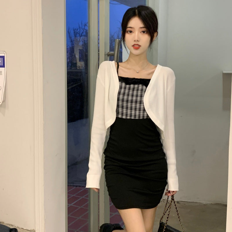 White ice silk sunscreen cardigan jacket, thin small cape women's shawl, summer with suspender skirt and overcoat