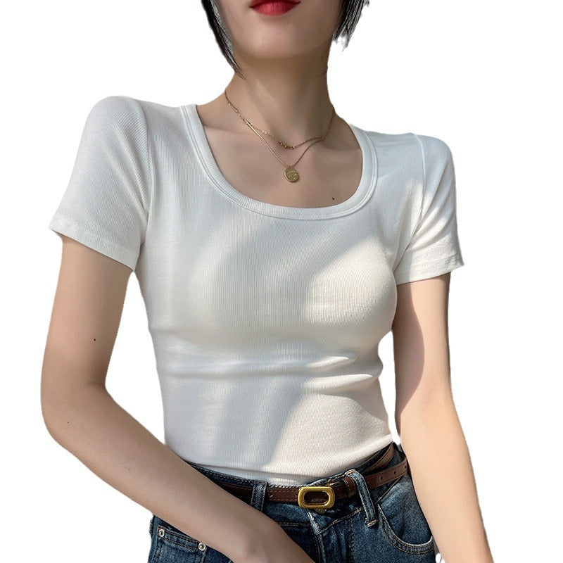Selection of high-elastic threaded foreign gas square neck T-shirt women's short-sleeved 2026 summer new slim-fitting and thin bottoming shirt