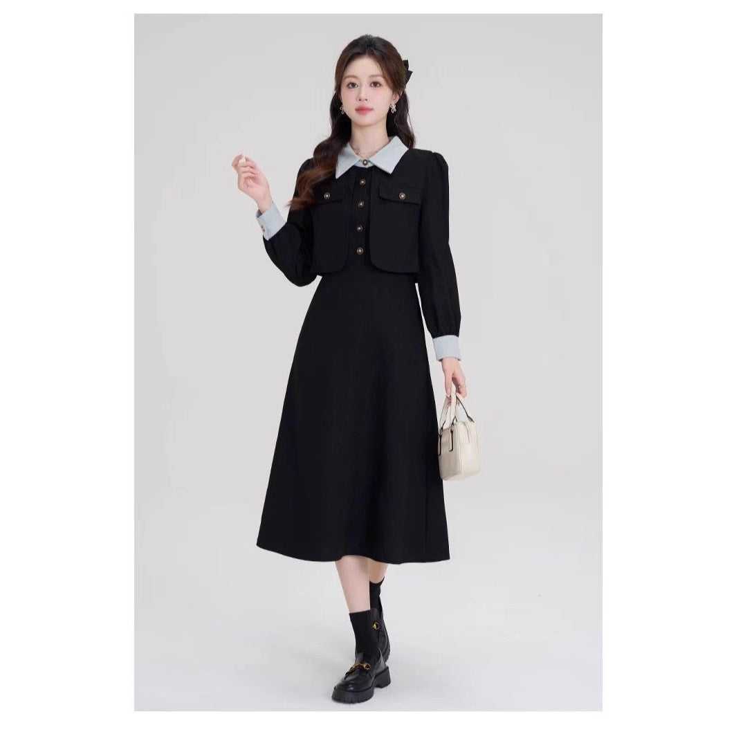 French fake two-piece temperament high-end black long-sleeved large size fat mm2025 autumn and winter women's clothing waist dress