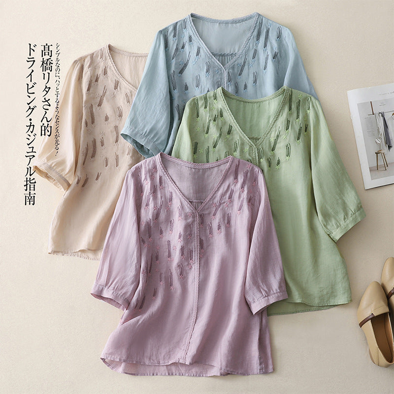 Real shot 2025 summer thin V-neck five-quarter sleeve pullover literary cotton and linen loose top T-shirt women's clothing