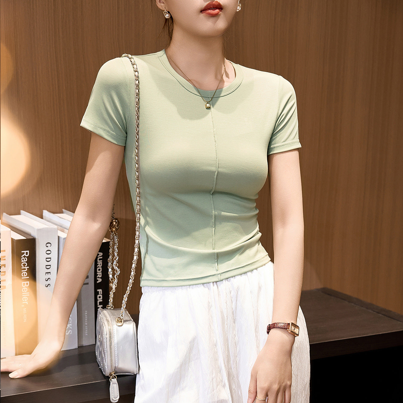 #Tencel Lyocell cotton, Zhen quality #bright line design T-shirt women's short-sleeved tight-fitting inner round neck top