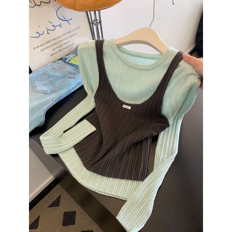 Mint makes perfect~ Korean style contrasting colors fake two-piece knitted sweater women's autumn 2025 new design chic top