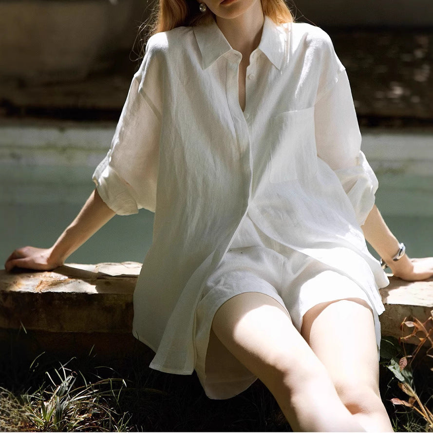 COUNTOME Slack Summer/Lazy Casual Style Full Linen Roll Shirt/Shorts Sunscreen Set