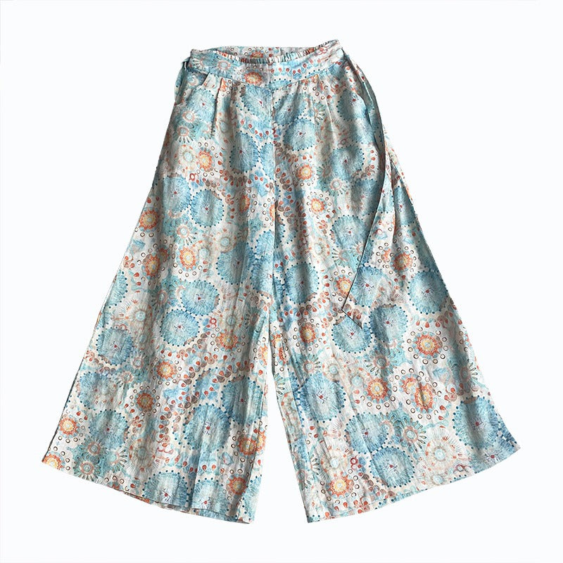 2025 summer new literary and retro printing loose wide-leg pants nine-point casual culottes women #5332
