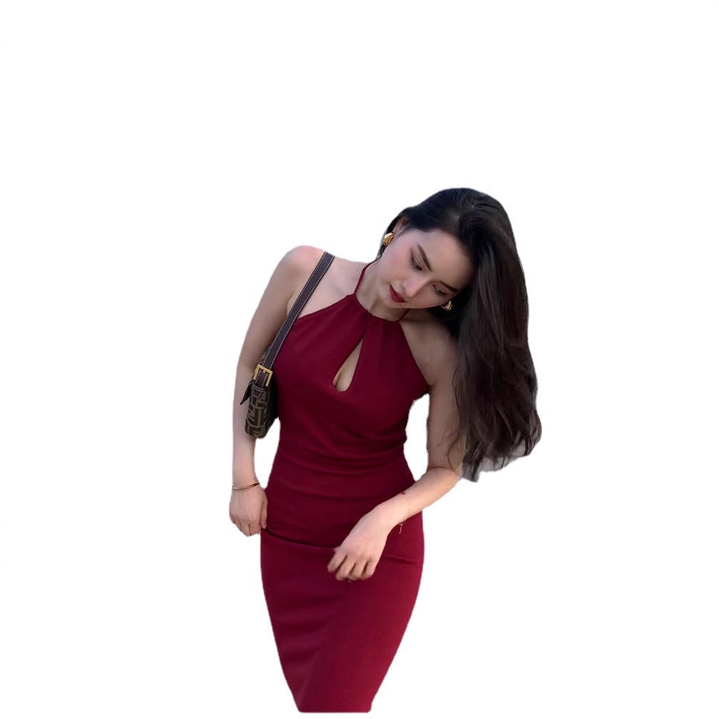 Black neck sexy off-the-shoulder dress slim-fitting waist-wrapped hip long dress small black skirt