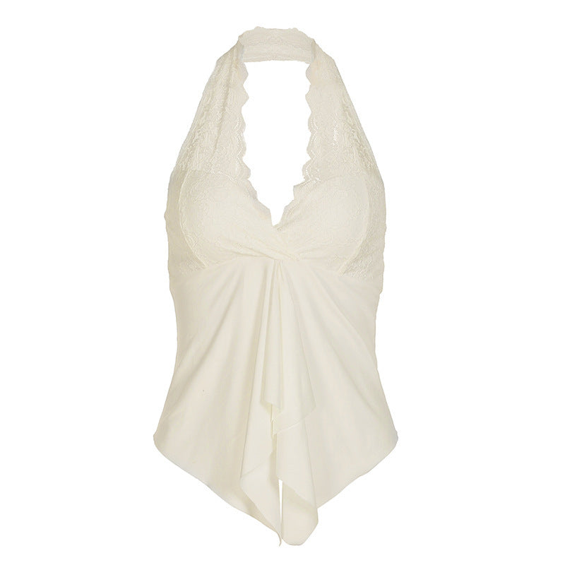French sexy lace splicing neck halter A pendulum sling vest Spice girl temperament slim knitted top