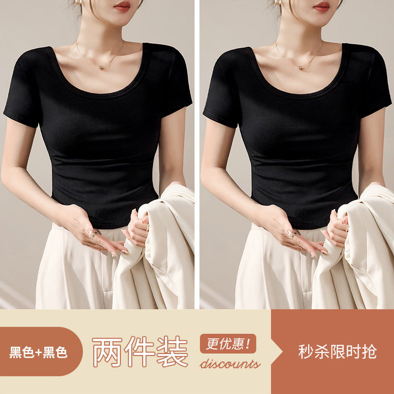 High-quality short-sleeved T-shirt women's 2025 new summer slim-fitting and thin curved hem fashionable foreign U-neck top trendy