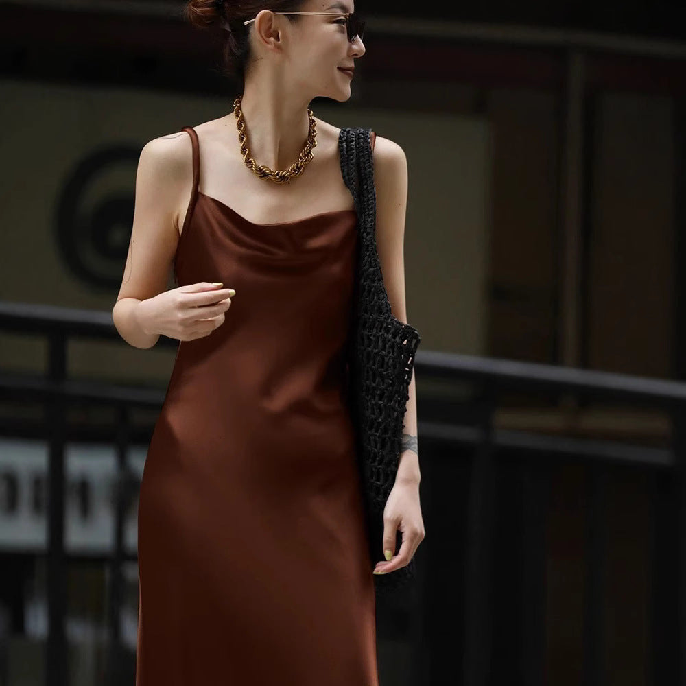 Heavy diagonal cut long tall triacetic acid satin long dress swing neck split fork long suspender dress women's autumn