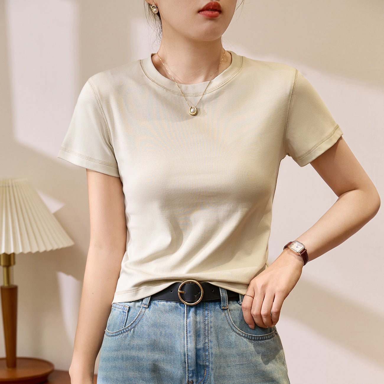 Flower needle thread 230g combed cotton T-shirt women's summer new short-sleeved foreign style round neck front shoulder casual versatile top
