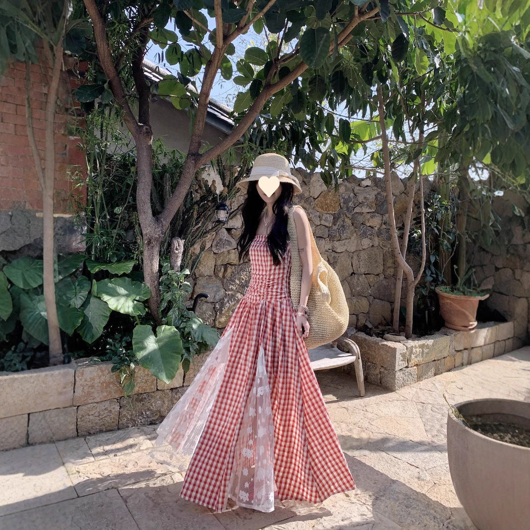 French holiday plaid lace splicing heavy industry tube top dress summer temperament waist thin high-end mid-length dress