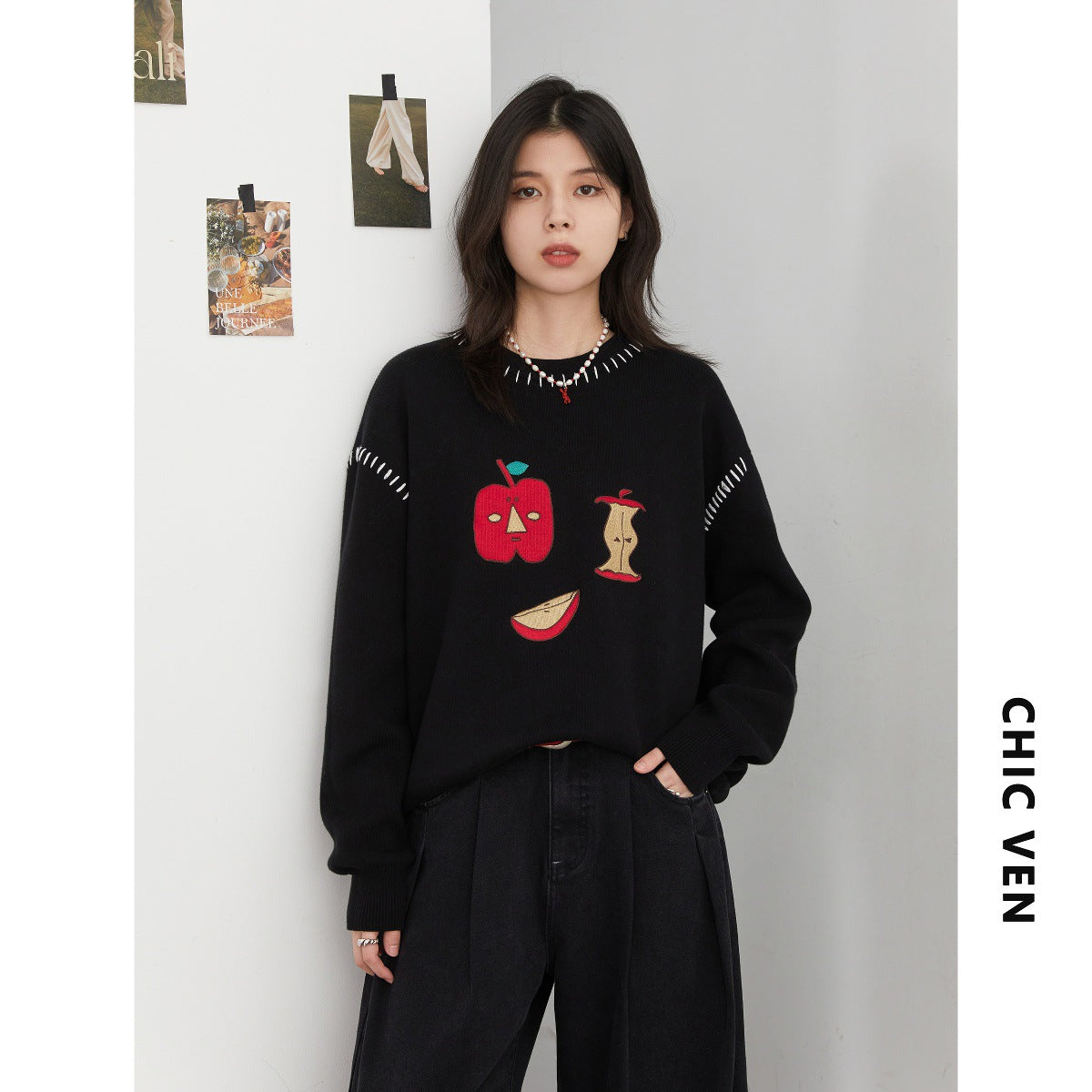 CHICVEN "Retro" Winter Loose Cotton Crew Neck Apple Embroidered Sweater Warm Comfort Top