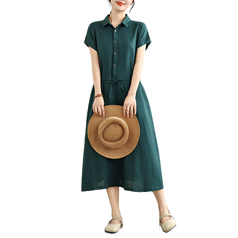 Real shot 2025 summer new cotton and linen shirt dress short sleeve lapel simple commuter shirt skirt women's clothing