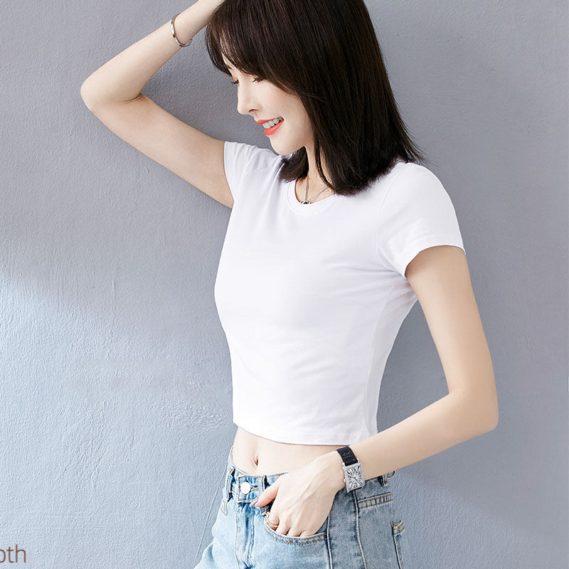 White sexy high-waisted short-sleeved t-shirt women's summer new slim-fitting and thin pure lust style versatile navel short top