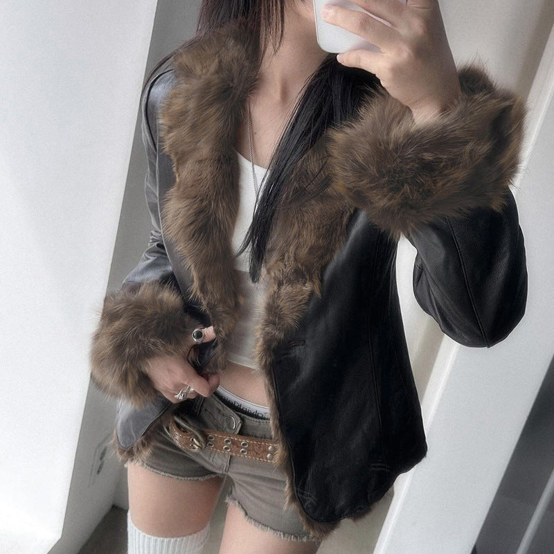 American winter new fur collar V-neck spliced leather jacket street hottie fashion slim fit warm jacket