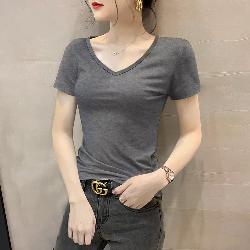 Black Modal V-neck short-sleeved t-shirt women's summer slim top thin cold silk versatile half-sleeved t-shirt