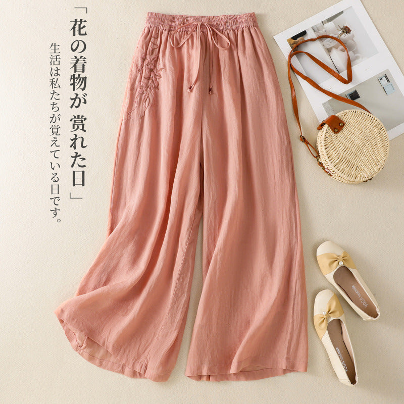 Real shot double-layer wide-leg pants women's 2025 summer new elastic waist loose lace-up casual elegant trousers skirt pants trousers trousers