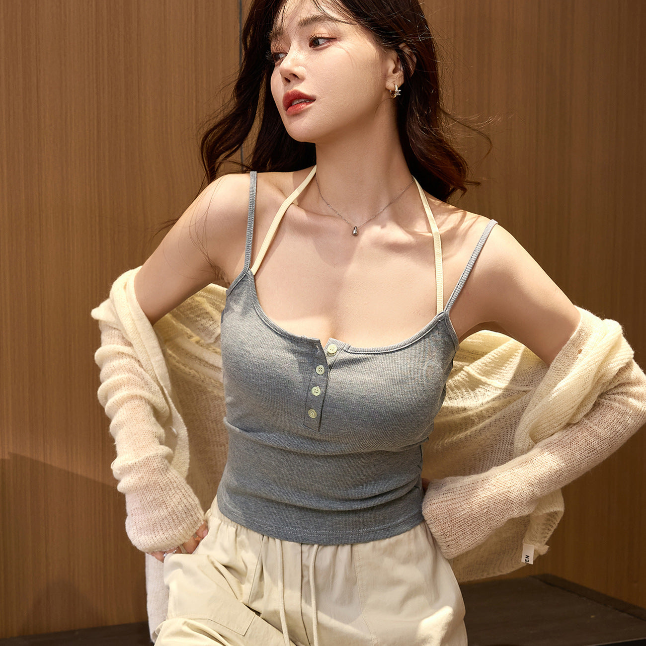 #High elastic pure cotton #Fake two-piece neck sling Spice Girl vest women's summer new sexy outer wear with bottom top