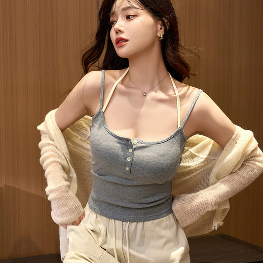 #High elastic pure cotton #Fake two-piece neck sling Spice Girl vest women's summer new sexy outer wear with bottom top