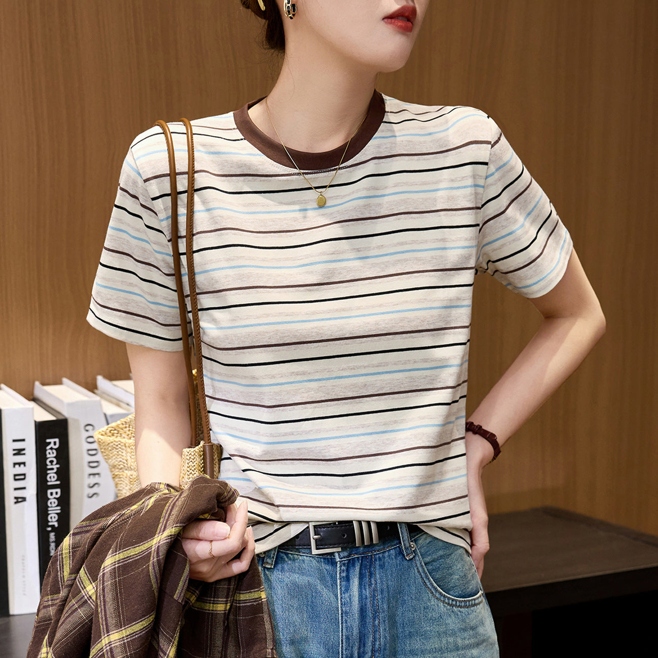 #Combed pure cotton #medium and long loose retro rainbow striped short-sleeved t-shirt women's summer 2026 new lazy top