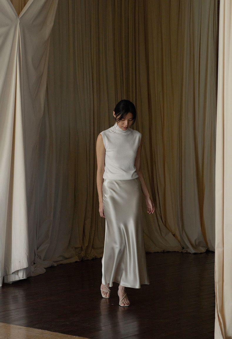 Japan imported triacetic acid satin water ripple satin 45 degree oblique cut solid color long fishtail a word skirt women