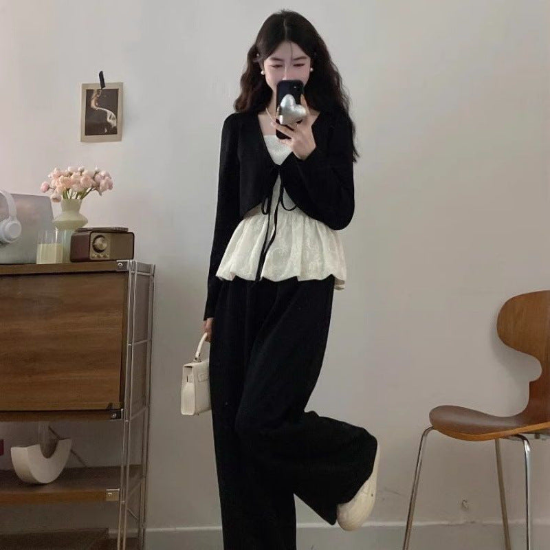 Fat MM plus-size new temperament gentle wind lace spliced strappy top + high-waisted flesh-covering skirt two-piece set