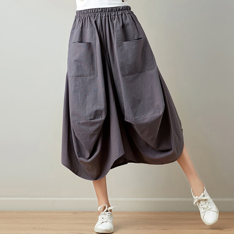 Real shot 2025 summer new literary loose solid color cotton and linen elastic waist skirt lantern skirt woman #1381 #