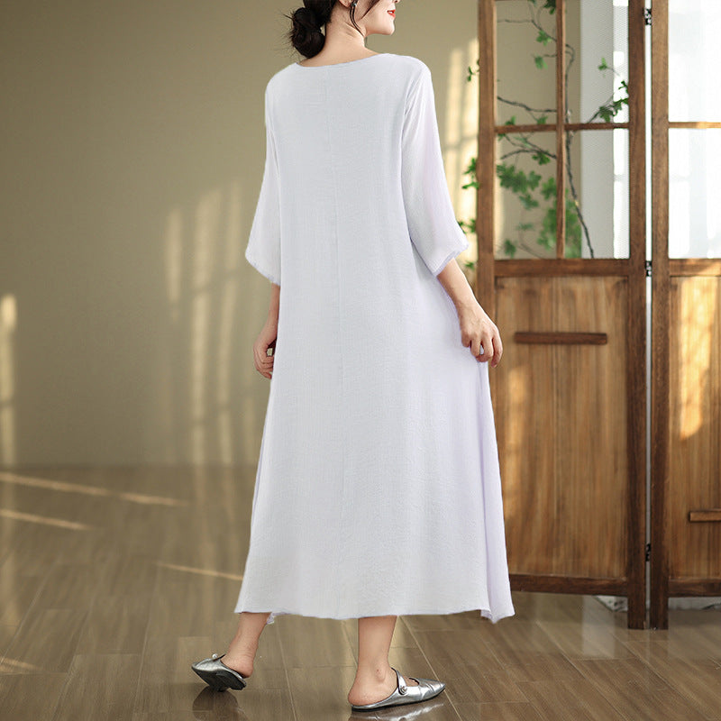 2025 summer loose large size seven-quarter sleeve round neck medium and long solid color dress simple A-shaped dress women
