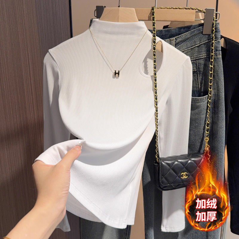 High sense inner white semi-turtleneck short-sleeved t-shirt women's 2025 new summer hollow-knit front shoulder top trendy