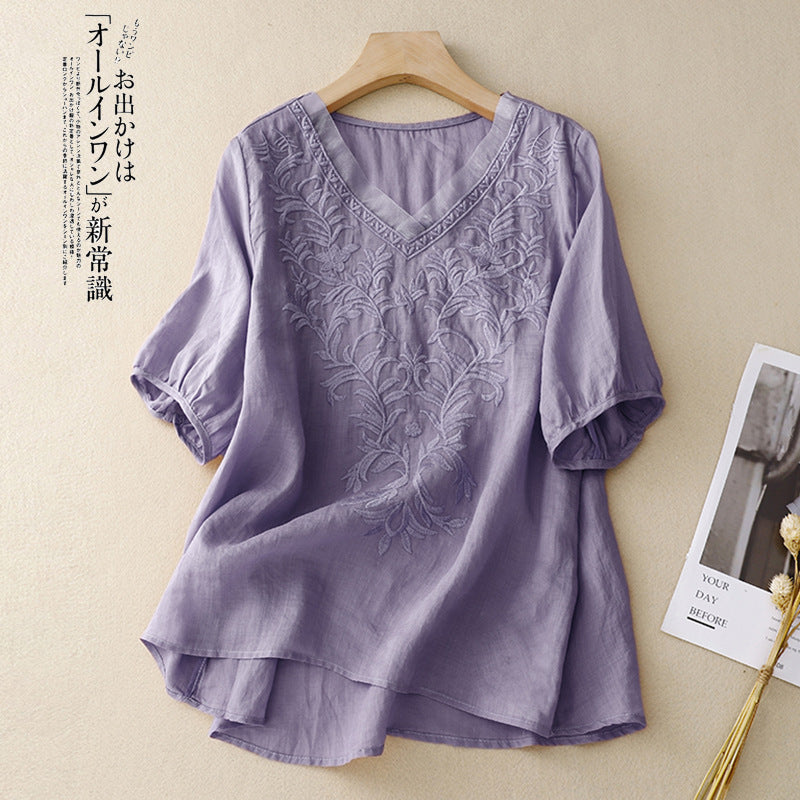 Real shot 2024 summer new cotton and linen embroidered literary and retro top T-shirt women