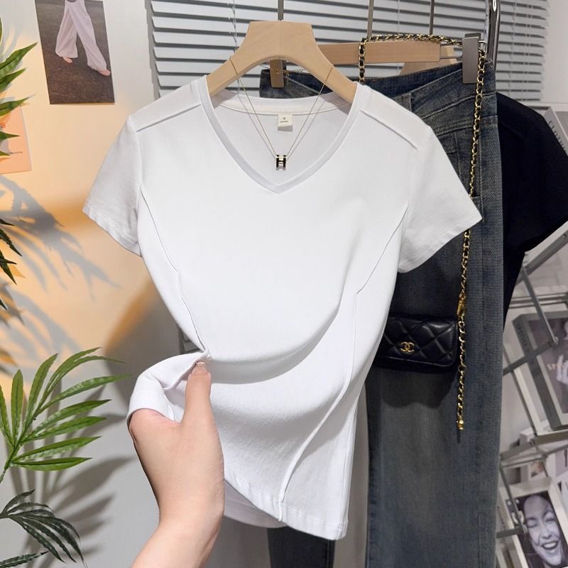 High-end fish bone pattern V-neck T-shirt for women's 2025 new short-sleeved European products, cold silk, cool temperament, thin and chic top