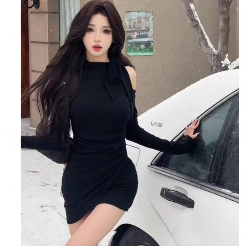 Pure desire hot girl bow off-the-shoulder long sleeve base dress women's autumn and winter new inner fit, slim and slim hip skirt