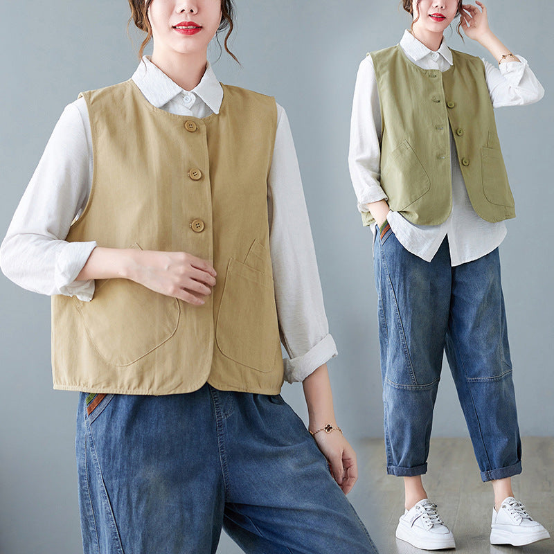 Real shot 2025 spring new literary loose solid color stacked vest women's coat #2085