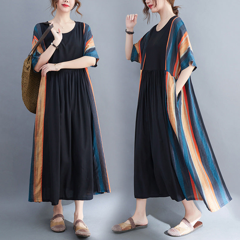 Real shot 2024 summer new literary large size loose striped cotton and linen short-sleeved dress women's long dress 6181 #