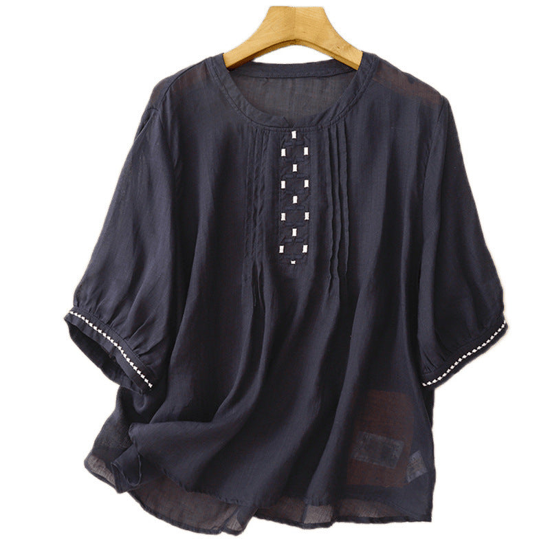 Real shot 2025 new literary and retro age-reducing round neck pleated thin cotton and linen embroidered shirt top women