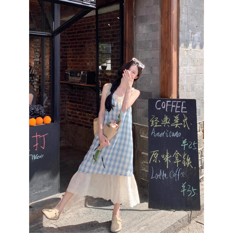 Red fake two-piece plaid lace suspender dress women's summer seaside vacation long skirt