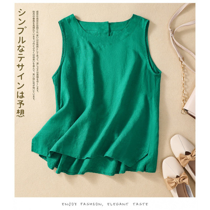 Real shot 2025 summer new literary loose solid color cotton and linen round neck sleeveless T-shirt women's vest top 9288 #