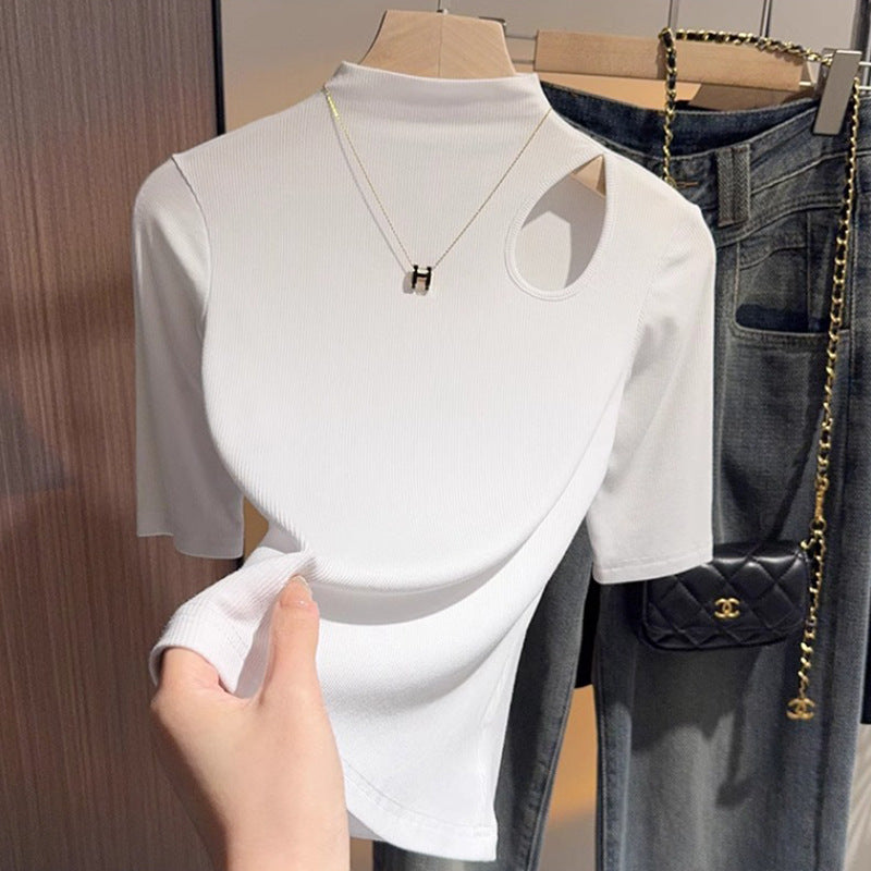 White hollow semi-turtleneck five-quarter-sleeved t-shirt bottoming shirt women's spring and autumn foreign style inner design middle-sleeved top