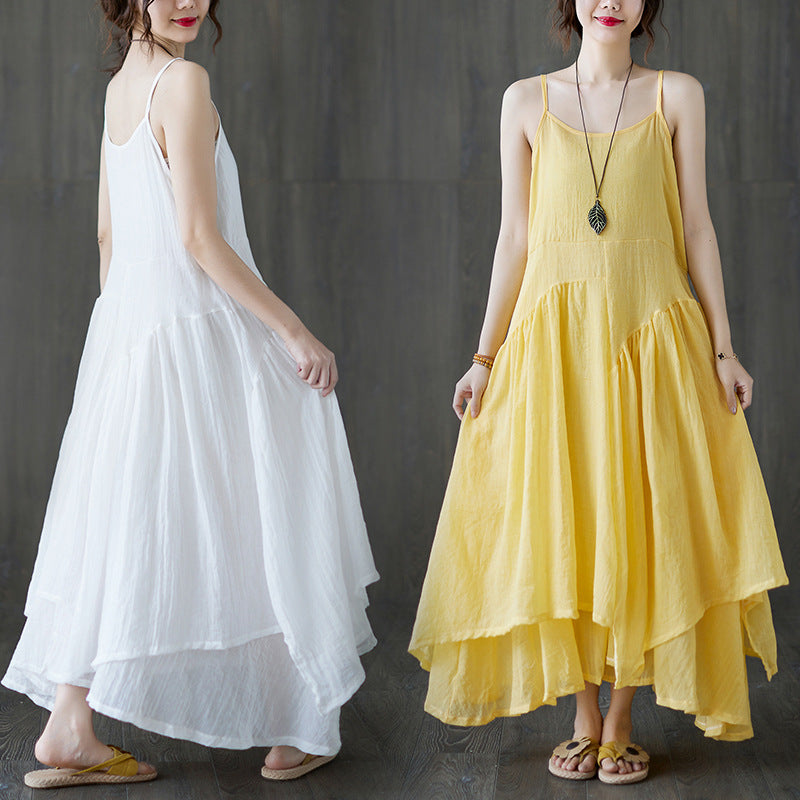 Real shot 2025 summer new literary large size loose solid color suspender dress women's irregular long dress 8237 #