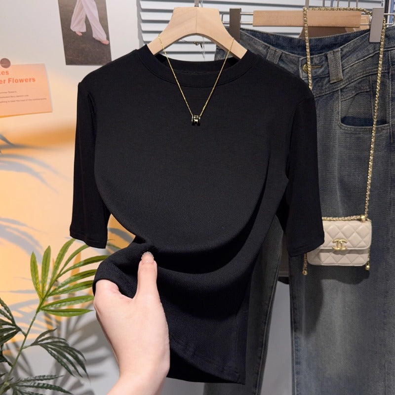 Half-sleeved T-shirt women's five-quarter-sleeved white small stand-up collar medium-sleeved top bottoming shirt spring and autumn 2025 new high-end sense