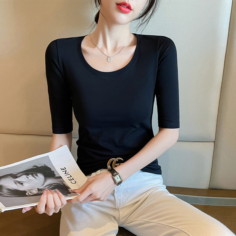Black Crew Neck Medium Sleeve T-Shirt Women's 2025 Spring and Summer New Versatile Five-Sleeve Top Fashion Inner Bottom Shirt