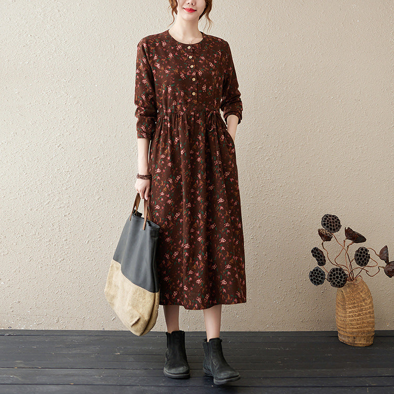 Real shot 2024 autumn new linen cotton printing ethnic style round neck long-sleeved dress loose waist skirt 8110