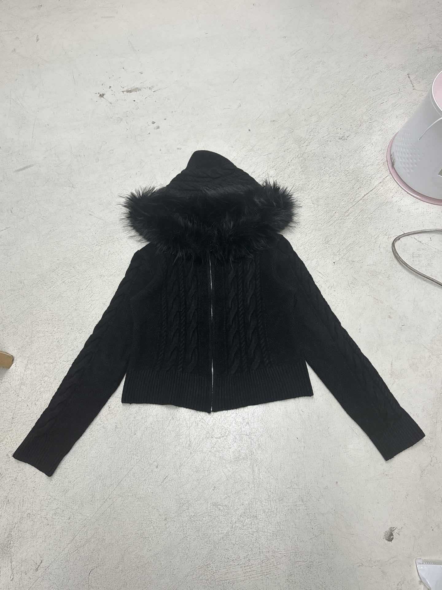 American retro fluffy hooded zipper cardigan twist sweater autumn and winter slim waist short Spice Girl new coat
