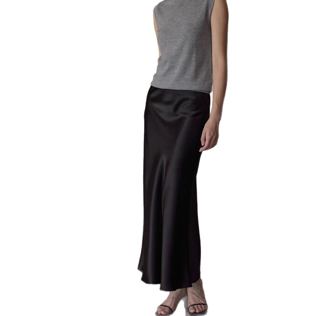 Japan imported triacetic acid satin water ripple satin 45 degree oblique cut solid color long fishtail a word skirt women